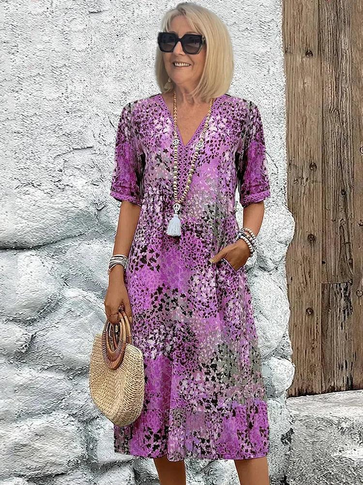 Noelle | Printed V Neck Short Sleeve Midi