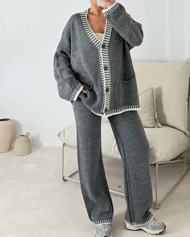 Genevieve | Women's Contrast-Trim Knit Cardigan & Wide-Leg Pant Set