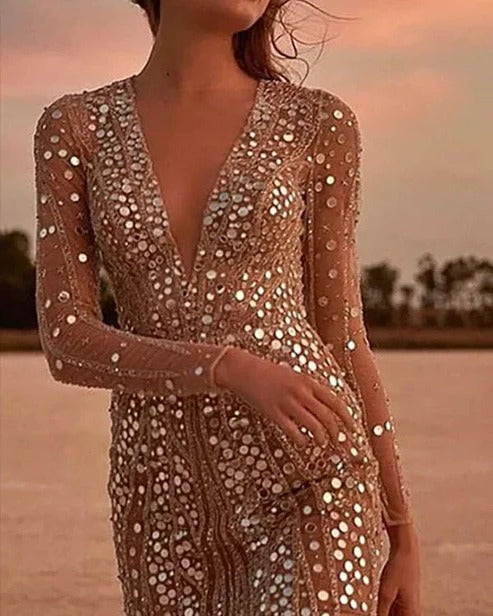 Audrey | Sequin V-Neck Sheer Sleeve Dress