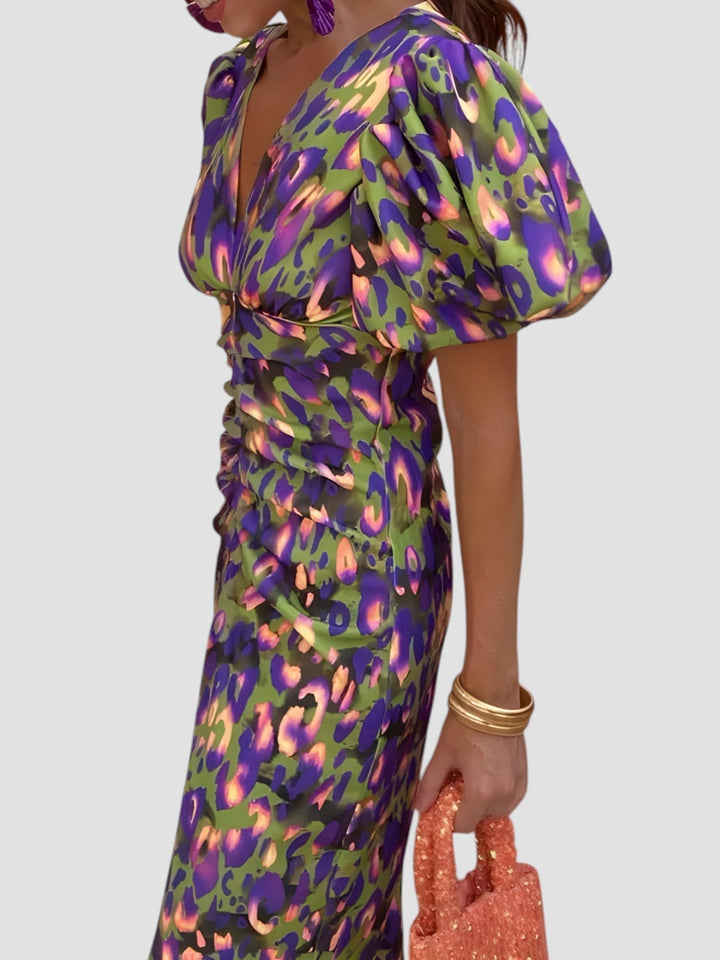 Whitney | Abstract Print Puff Sleeve Midi Dress