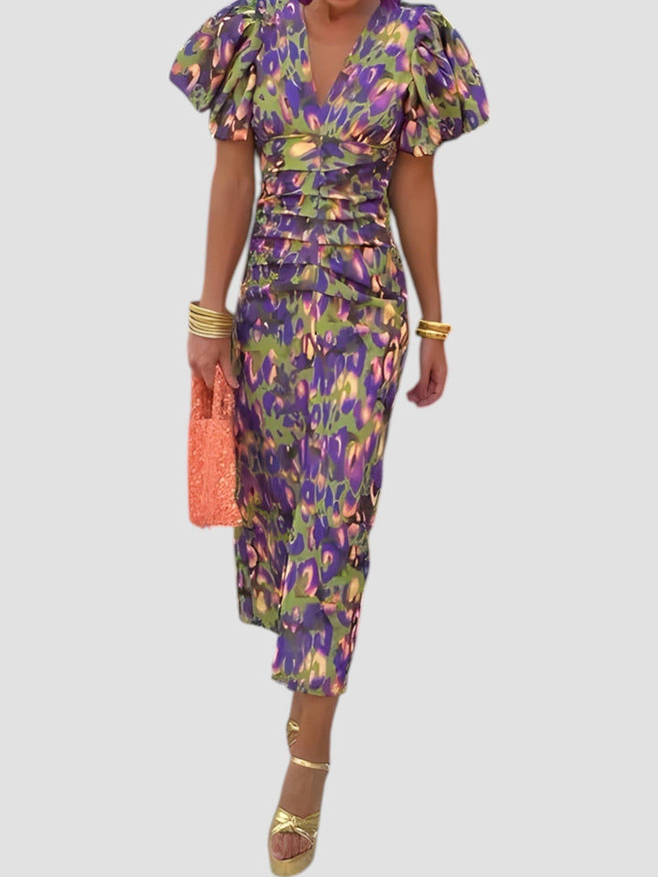 Whitney | Abstract Print Puff Sleeve Midi Dress