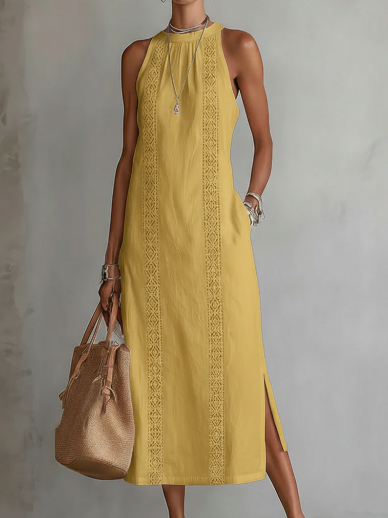 Linnea | Lace Trim Halter Midi Dress