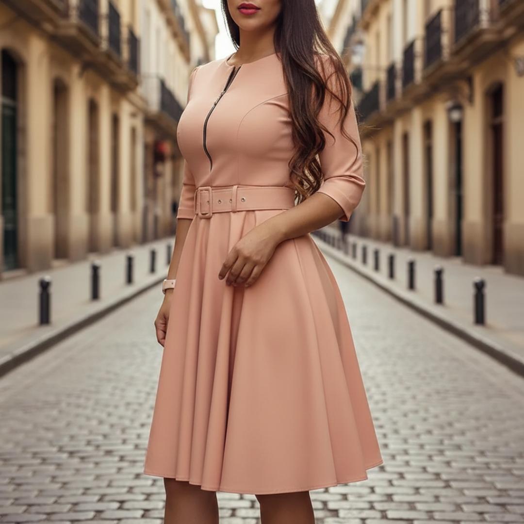 Sienna | Women's Flared Dress with Front Zip and Belt