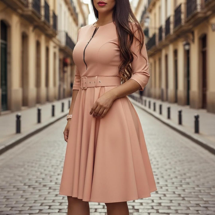 Sienna | Women's Flared Dress with Front Zip and Belt