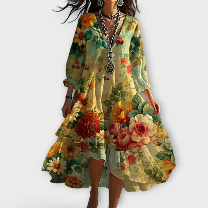 Diana | Floral Midi Dress V-Neck 3/4 Sleeve