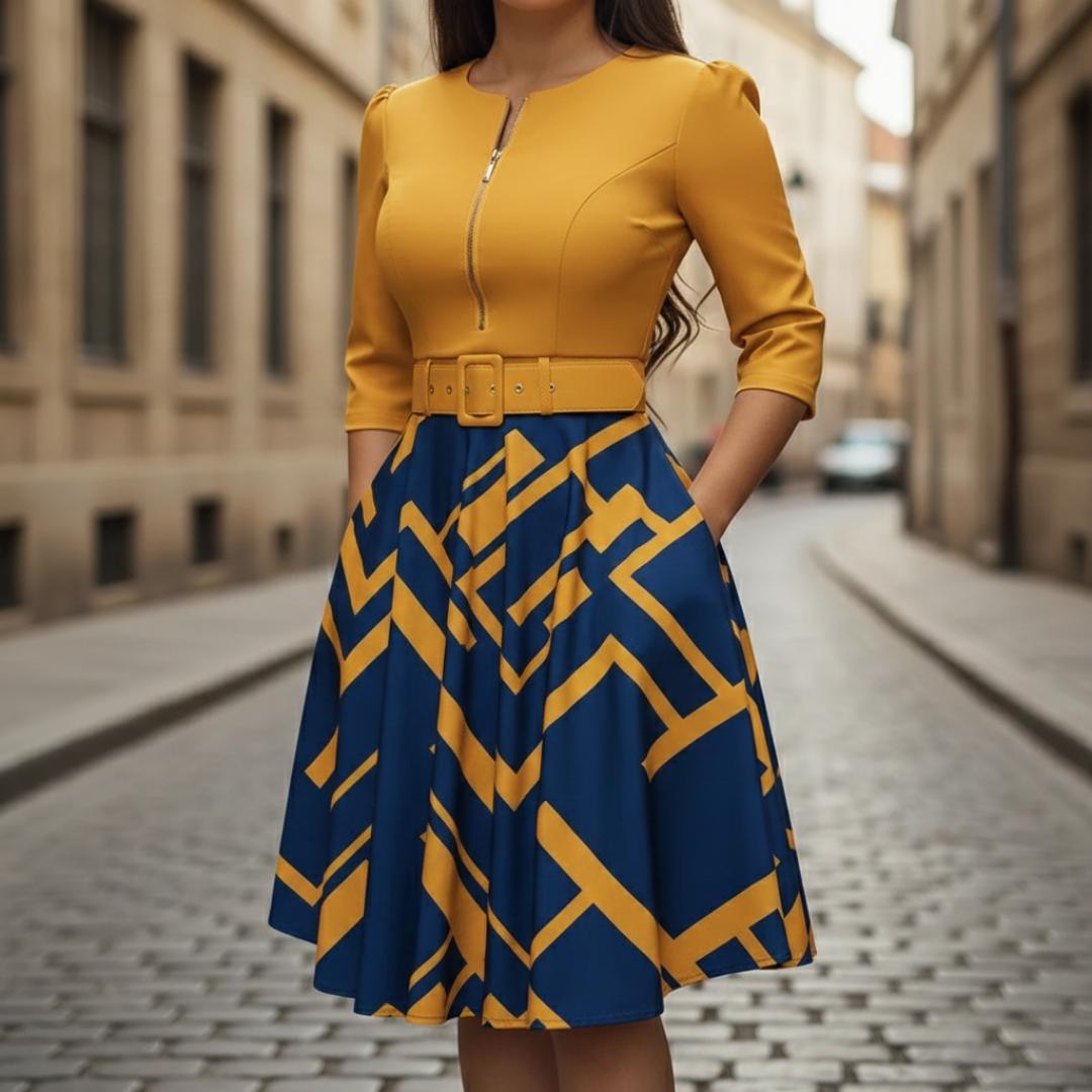 Sienna | Women's Flared Dress with Front Zip and Belt